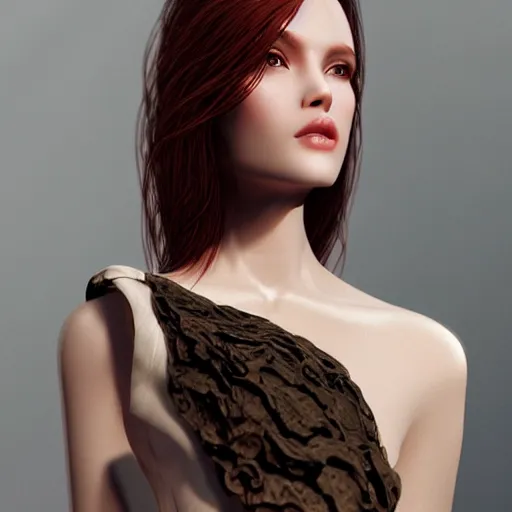 Prompt: Glamorous Runway Model, long fan blown dark reddish hair, tight bone structure, olive skin, intricate, elegant, highly detailed, hanging nose jewelry, octane render, photorealistic, smooth, depth of field blur, illustration, art by James Jean