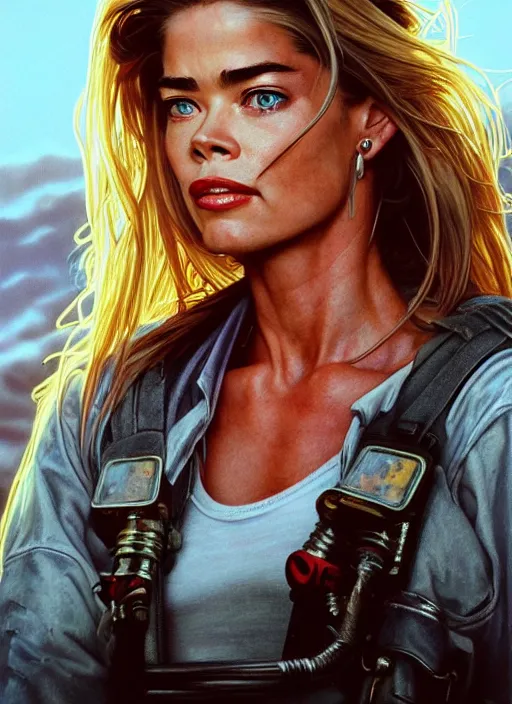 Prompt: portrait of a 25 year old Denise Richards as a mechanic character in Mad Max, looking at camera, intricate, dystopian, sci-fi, extremely detailed, digital painting, artstation, concept art, smooth, sharp focus, illustration, soft lighting, incredible art by artgerm and greg rutkowski and alphonse mucha and simon stalenhag