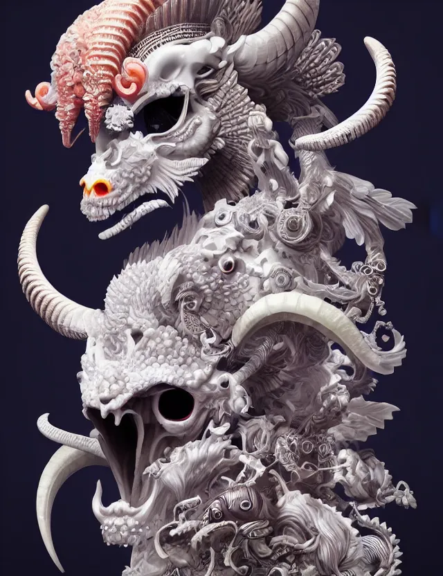 Image similar to 3 d goddess close - up profile portrait of satanic with ram skull. beautiful intricately detailed japanese crow kitsune mask and clasical japanese kimono. betta fish, jellyfish phoenix, bio luminescent, plasma, ice, water, wind, creature, artwork by tooth wu and wlop and beeple and greg rutkowski