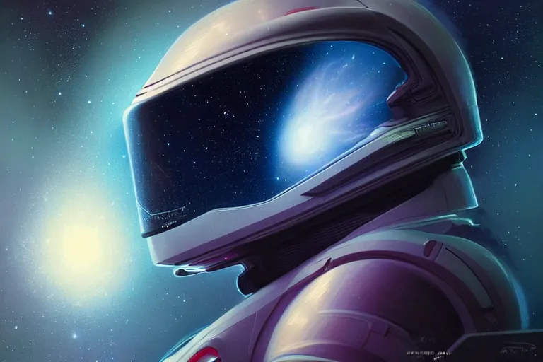 Image similar to Portrait of a Futuristic reflective spacesuit visor mirror spacesuit reflecting a nebula supernova in space, portrait, elegant, intricate, digital painting, artstation, concept art, smooth, sharp focus, illustration, art by artgerm and greg rutkowski and alphonse mucha