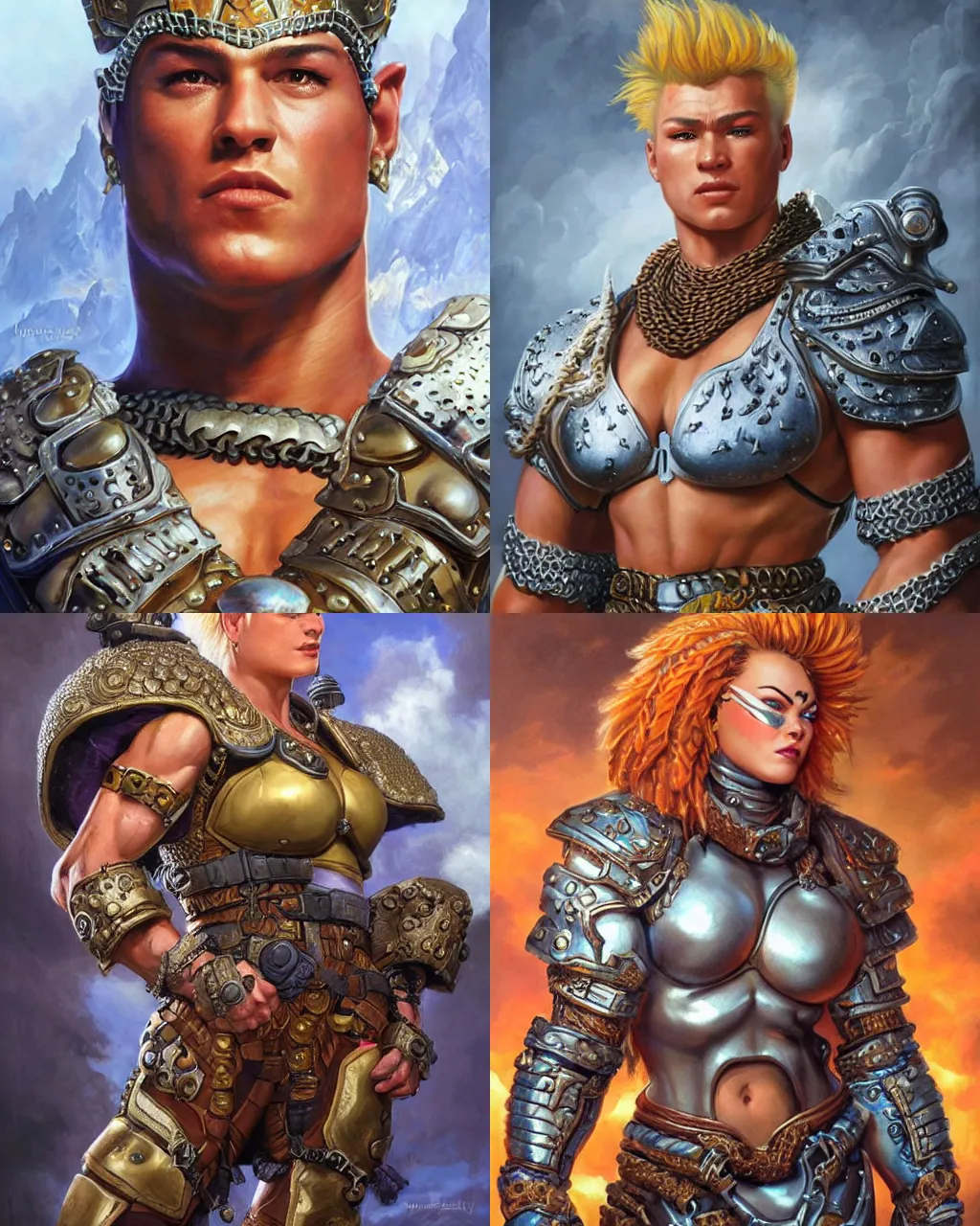 Prompt: detailed portrait of zarya from overwatch as a muscular dungeons and dragons warrior wearing iron chainmail, intricate, hyper detailed, realistic, oil painting, by jeff easley, boris vallejo, cinematic lighting