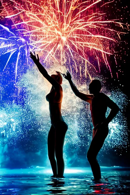 Image similar to ravers standing in water with fireworks in background, full body, silhouette, reflection in water, volumetric lighting, golden ratio, backlit