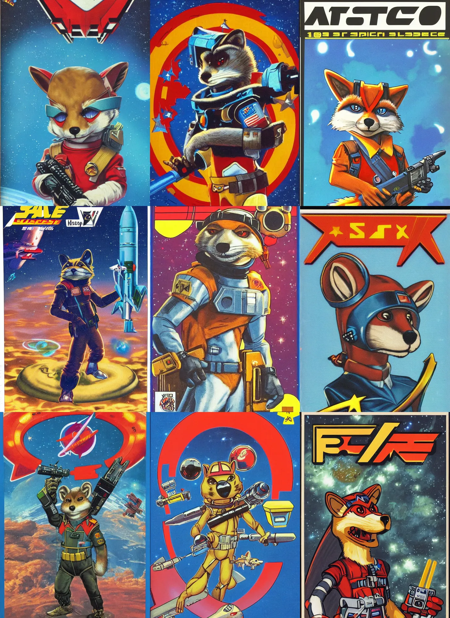 Prompt: 1 9 8 0 s video game art portrait of anthropomorphic weasel from starfox fursona furry weasel in a space mercenary uniform, looking heroic, magazine scan, 8 0 s game box art