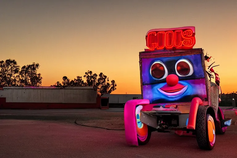 Prompt: 2 0 clowns - robots leaving a clowncar at a california drive in, in 2 0 1 2, cutecore clowncore, bathed in the the glow of the sunset, low - light photograph, in style of tyler mitchell