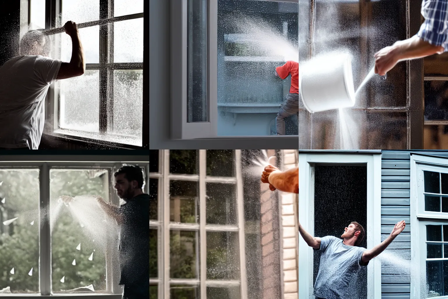 Prompt: A man throwing an open cylinder of baking soda through a window with baking soda spraying everywhere inside, 4k, realistic, cinematic