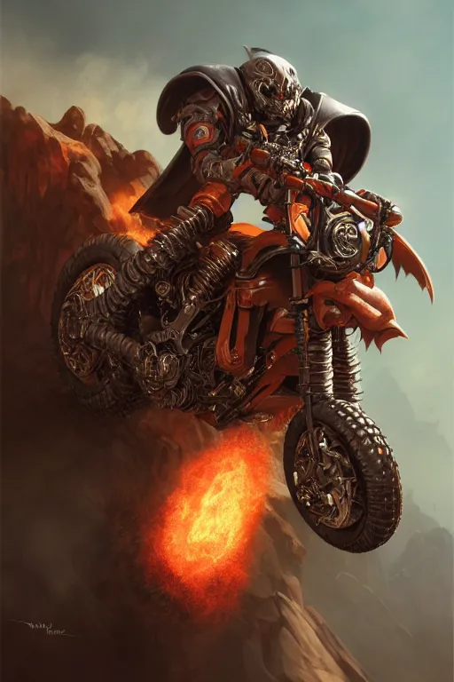 Image similar to hell mutant motorbiker, highly detailed, d & d, fantasy, highly detailed, digital painting, trending on artstation, concept art, sharp focus, illustration, global illumination, ray tracing, realistic shaded, art by artgerm and greg rutkowski and fuji choko and viktoria gavrilenko and hoang lap, sunny