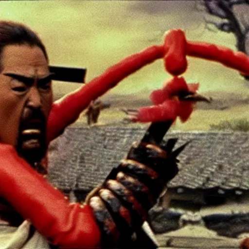 Image similar to a samurai fighting with delicious hot dogs as weapons, scene from Kagemusha, 1980, movie still, cinematic, epic,