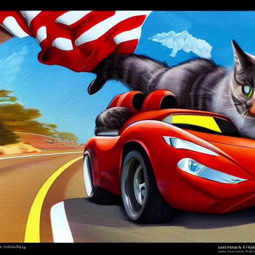 Prompt: highway, rob liefeld, photorealism, superhero with a cat head, cars
