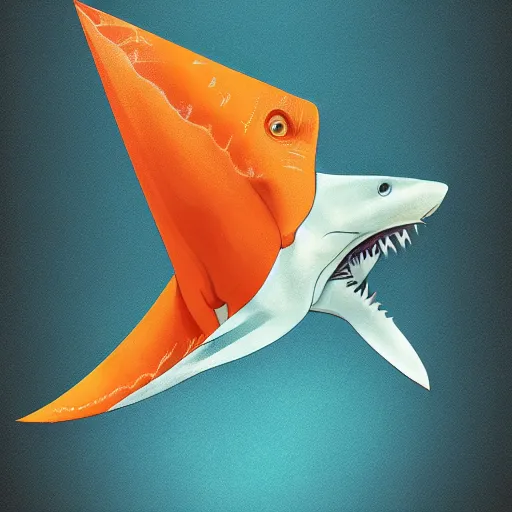 Prompt: great white shark with an orange traffic cone instead of a fin - ron cheng & alphonse mucha, highly detailed, digital painting, ray tracing, concept art, illustration, smooth sharp focus, intricate, symmetry, artstation,