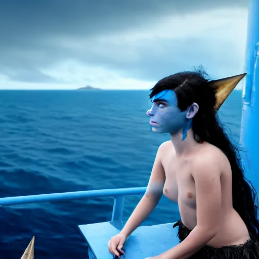 Prompt: a dnd Triton girl with blue skin and messy black hair sitting on the deck of a ship, a little blue-skinned girl with messy black hair sharp pointed ears freckles along the ridges of her cheeks, dnd triton, high resolution film still, 4k, HDR colors
