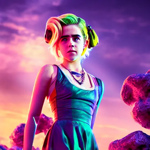 Image similar to cinematic scene with kiernan shipka as jolyne from jojo's bizarre adventure, live action film, stone ocean, dramatic, small details, volumetric lighting, still frame