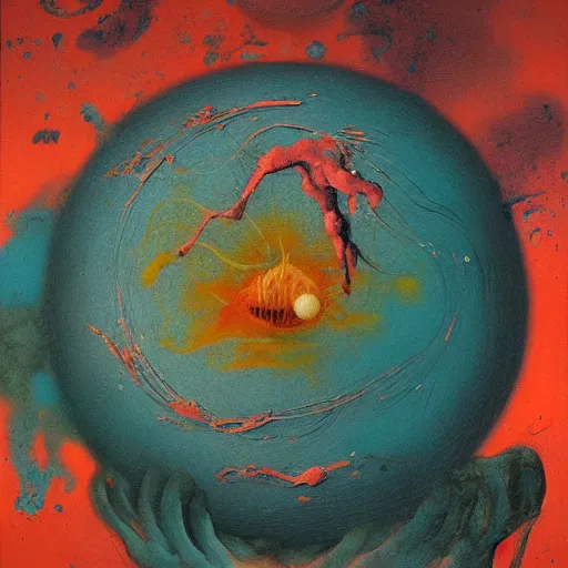 Image similar to a sphere being devoured by abstract splatters of paint in the style of francis bacon, venus being engulfed in flames in the style of james jean, surreal, beksinski, high detailed