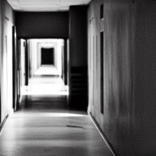 Prompt: I see shadows in the halls, dark ambiance, film grain, horror elements.