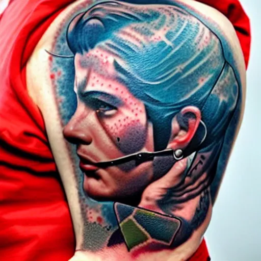 Image similar to a portrait of a man with side profile blood in ocean intricate details :: tattoo on neck :: oxygen mask by MARVEL comics and Sandra Chevrier