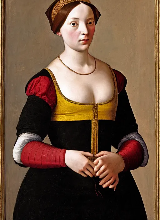 Prompt: portrait of young woman in renaissance dress and hennin, art by petrus christus,