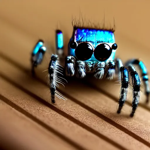 Image similar to a jumping spider, using a computer keyboard, by pixar, macro lens, iridescent