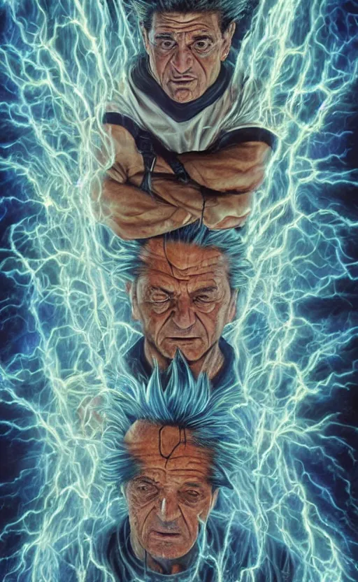 Image similar to joe pesci going super sayan by alex grey, surrealist, 8 k, fantasy, dark, highly detailed