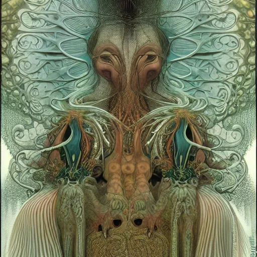 Prompt: a creature from a parallel universe by alexander mcqueen, zdzisław beksinski and alphonse mucha. highly detailed, hyper - real, very beautiful, intricate fractal details, very complex, opulent, epic, mysterious, trending on deviantart and artstation, award - winning design, future art