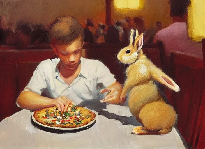 Image similar to a highly detailed beautiful portrait of a bunny at a restaurant, eating pizza, candle lit dinner, by gregory manchess, james gurney, james jean