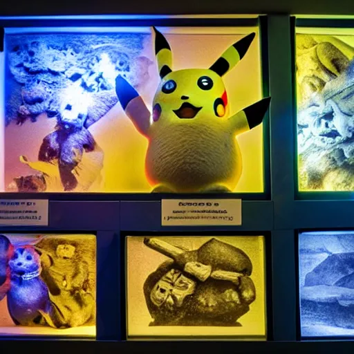 Image similar to Photograph of a full Pikachu archeology fossils, museum, light exposition