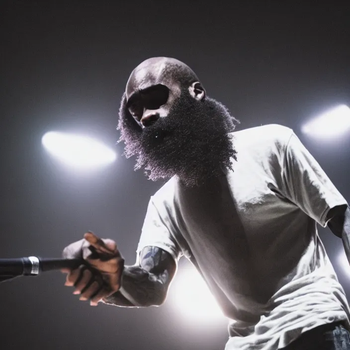 Image similar to mc ride from death grips, - wide shot, detailed, photography, realistic