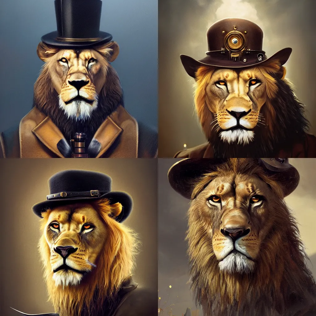 Prompt: oil painting portrait of handsome lion face, wearing steampunk hat, detective coat, steampunk monocle, upper body,sharp focus, fantasy style, octane render, volumetric lighting, 8k high definition, by greg rutkowski, highly detailed, trending on art station,