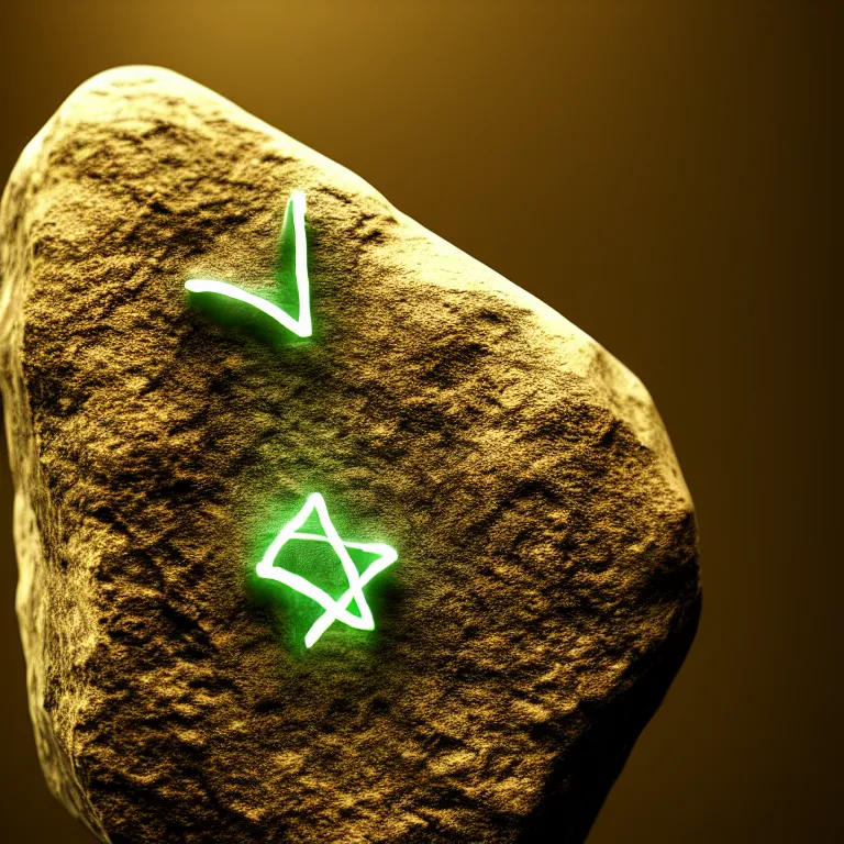 Prompt: photo of a stone with a luminous rune drawn on it. stone wrapped with copper wire. extremely high details, masterpiece, cinematic, octane rendering, depth of field, bokeh, cgsociety