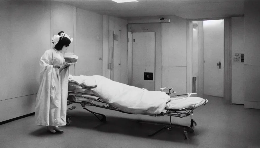 Prompt: 60s movie still of a white japanese female phantom with gigantic arms in an empty hospital with light yellow walls, eastmancolor, heavy grain, high quality, higly detailed, liminal space