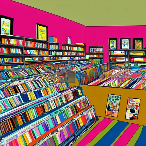 Prompt: inside of a record shop, 1960s saturday morning cartoon background, bright pastel colors