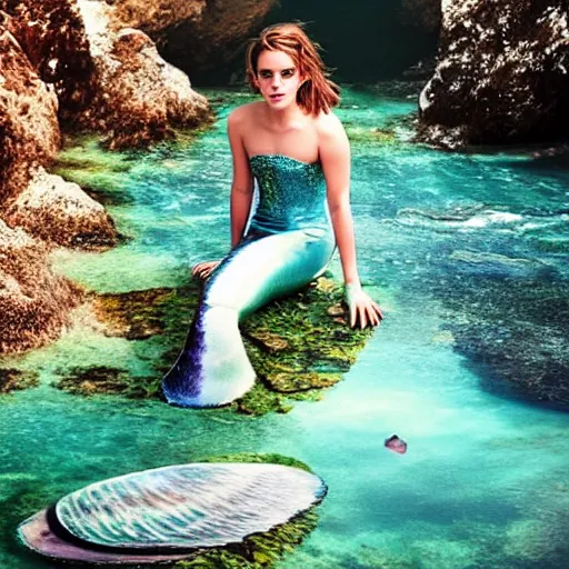 Prompt: a portrait of emma watson as a mermaid in a scenic environment by elsa bleda