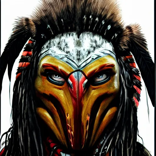 Image similar to painting portrait of a native american wearing a predator face mask from the predator movie, artstation, ultra detailed