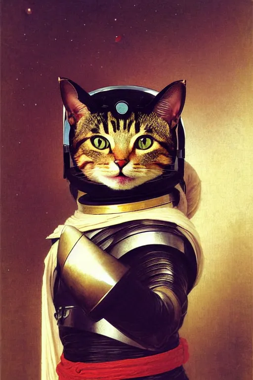 Image similar to portrait of a cat astronaut with japanese samurai armor and helmet, majestic, solemn, by bouguereau