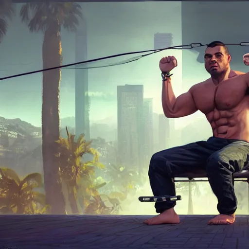 Image similar to highly detailed portrait of a gym bro in gta v, stephen bliss, unreal engine, fantasy art by greg rutkowski, loish, rhads, ferdinand knab, makoto shinkai and lois van baarle, ilya kuvshinov, rossdraws, tom bagshaw, global illumination, radiant light, detailed and intricate environment