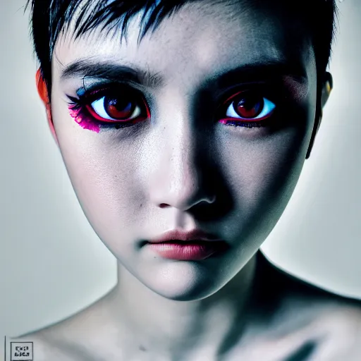 Image similar to prompt, modelsociety, radiant skin, huge anime eyes, rtx on, perfect face, intricate, sony a 7 r iv, symmetric balance, polarizing filter, photolab, lightroom, 4 k, dolby vision, photography award