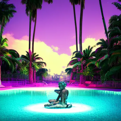 Prompt: a photograph of a broken statue in a surreal underground swimming pool surrounded by palm trees water and neon lights, vaporwave, unreal engine, octane render, dramatic lighting, volumetric lighting, neon lighting, ultra detailed, photorealistic