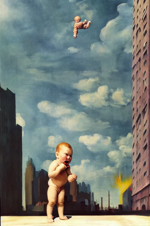 Prompt: evil human giant baby in a diaper, grows up to the sky, against the backdrop of destroyed high - rise building, hauntingly surreal, highly detailed painting by francis bacon, edward hopper, adrian ghenie, gerhard richter, and james jean soft light 4 k,