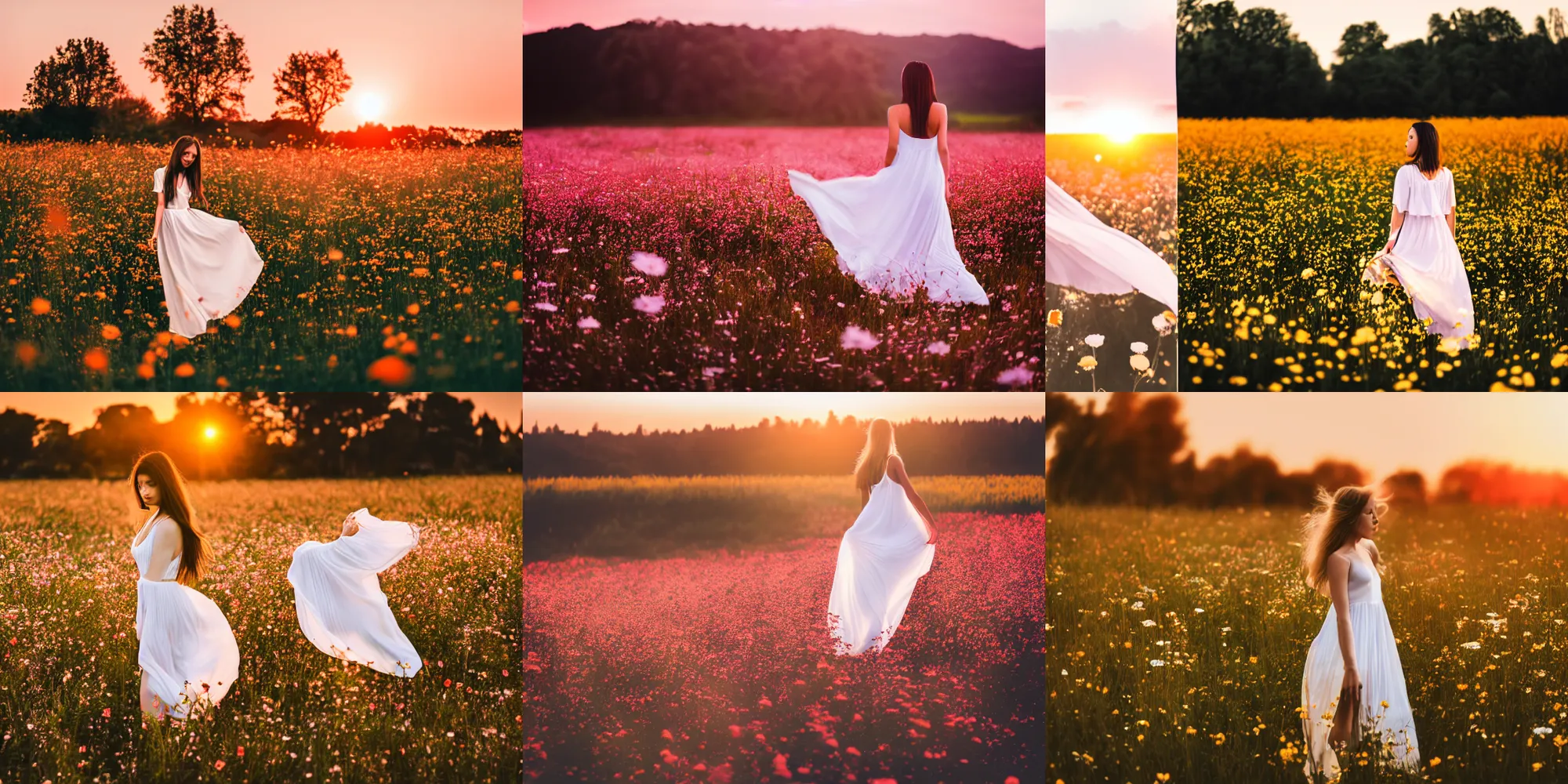 Prompt: 50mm DSLR photograph of a stunning flower meadow at sunset, ethereal female in a white dress dancing in the center, soft lighting, photography, panoramic view, Hyperdetailed, Lightroom preset, photorealistic, Unsplash