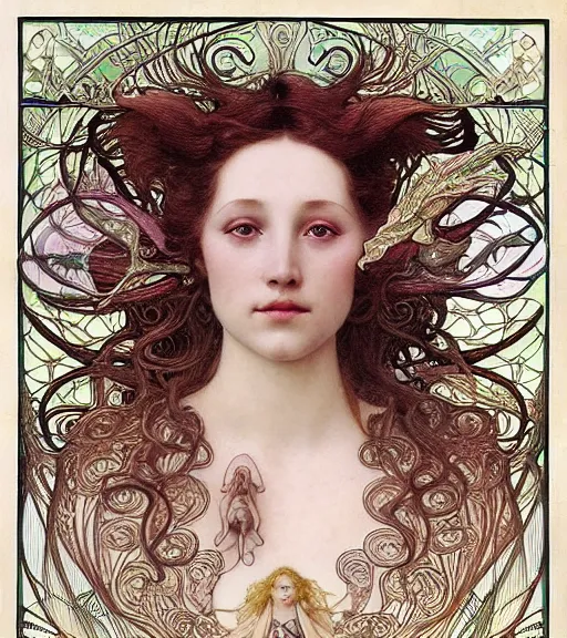 Image similar to beautiful young orchid fairy detailed realistic porcelain face portrait by jean delville, alphonse mucha, iris van herpen and charlie bowater, art forms of nature by ernst haeckel, art nouveau, symbolist, visionary, gothic, neo - gothic, pre - raphaelite, fractal lace, intricate alien botanical biodiversity, surreality, hyperdetailed ultrasharp octane render