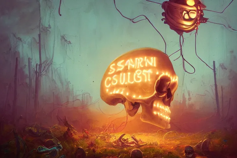 Prompt: skull clown, illustrated by Simon Stålenhag and Gaston Bussiere, 35mm lens, beautiful macro close-up imagery, rule of third, vibrantly lush neon lighting, beautiful volumetric-lighting-style atmosphere, a futuristic rural atmosphere, intricate, ultra detailed, photorealistic imagery, trending on artstation, 4k, 8k