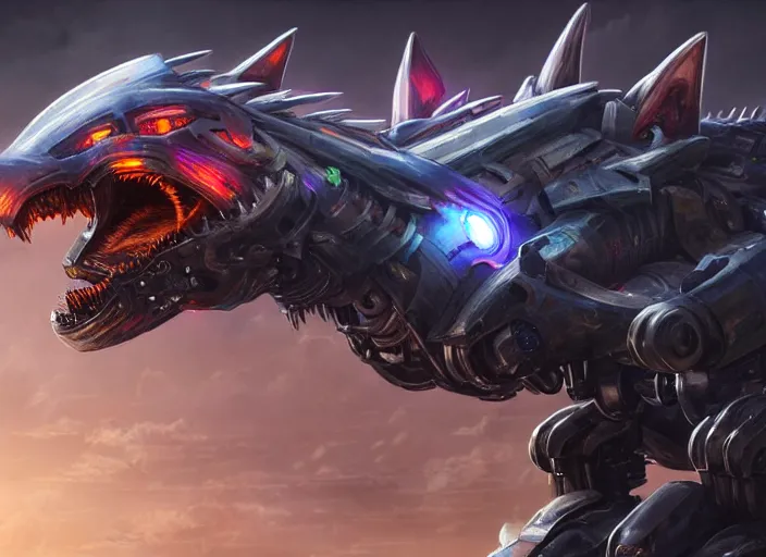 Image similar to hyper realistic, epic, highly detailed cinematic shot of a gigantic feral robot mecha canine, sharp dragon claws, detailed glowing head, metal ears, cannon mounted on back, sleek armor, glowing visor, destroying city, digital art, furry art, macro art, dragon art, furaffinity, deviantart, sofurry