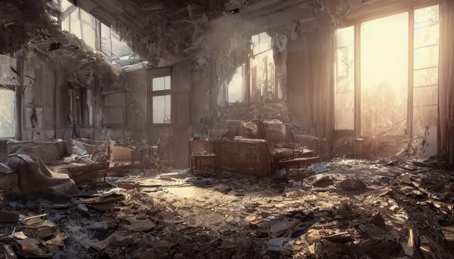 Image similar to abandoned 2 0's house with sunlight coming through old dusty windows, collapsed ceiling, dirt, old furnitures, hyperdetailed, artstation, cgsociety, 8 k