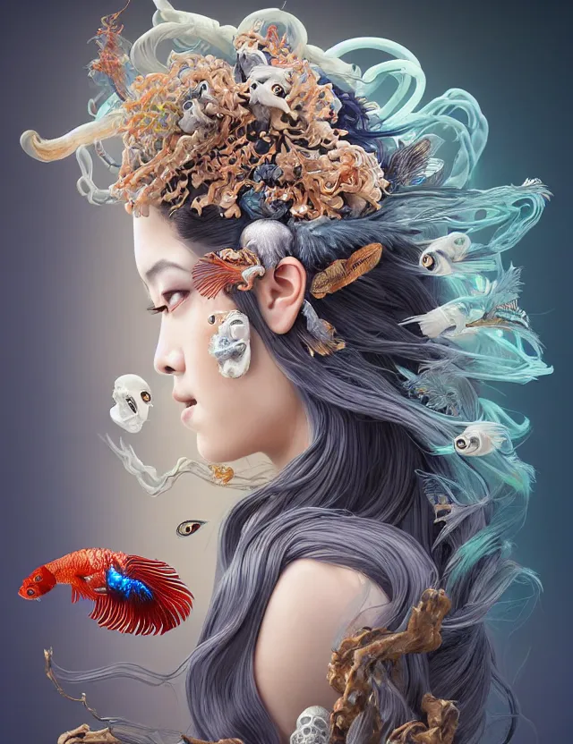 Image similar to 3 d goddess half - turn portrait with long hair with ram skull. beautiful intricately detailed japanese crow kitsune mask and clasical japanese kimono. betta fish, jellyfish phoenix, bio luminescent, plasma, ice, water, wind, creature, artwork by tooth wu and wlop and beeple and greg rutkowski