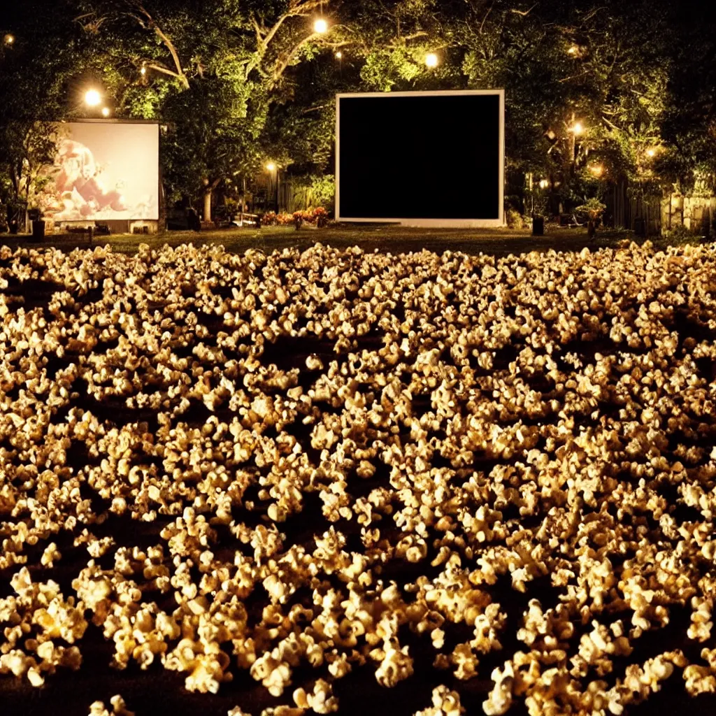 Image similar to outdoor cinema screen with giant popcorn kernels at night symmetrical rule of thirds