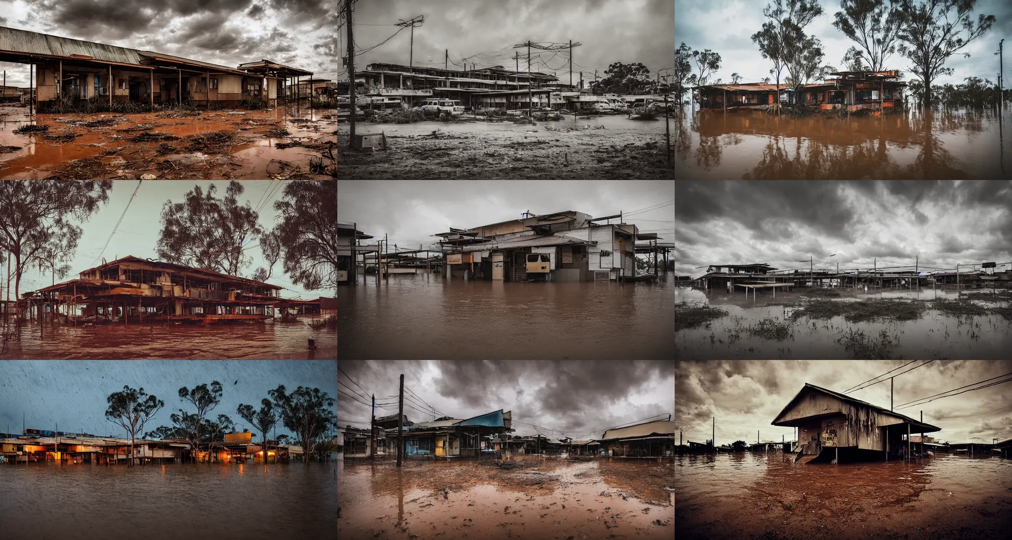 Prompt: travel photography, 3 5 mm photo of a dystopian cyberpunk motel!!! made of scrap wood and scrap metal, in the flooded australian outback, dry rocky ground, flooded, at night, raining, epic lighting, epic composition, depth of field, bokeh, upscaled to 4 k