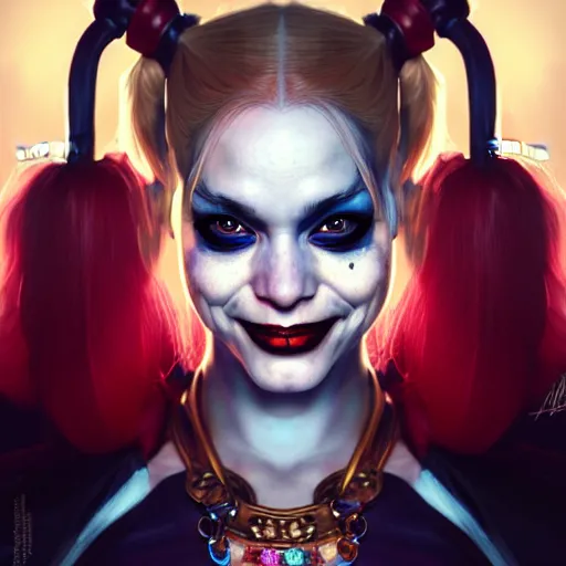 Prompt: portrait painting of harley quinn, ultra realistic, concept art, intricate details, eerie, highly detailed, photorealistic, octane render, 8 k, unreal engine. art by artgerm and greg rutkowski and charlie bowater and magali villeneuve and alphonse mucha