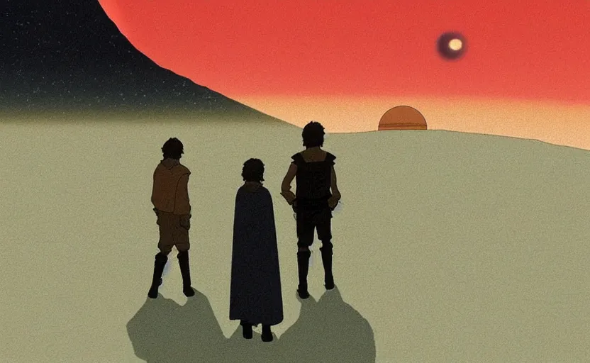 Image similar to luke skywalker looking at tatooine two suns sunset by ghibli