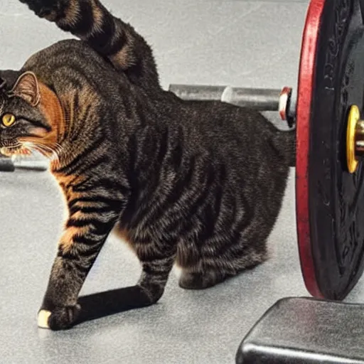 Prompt: a cat doing deadlifts