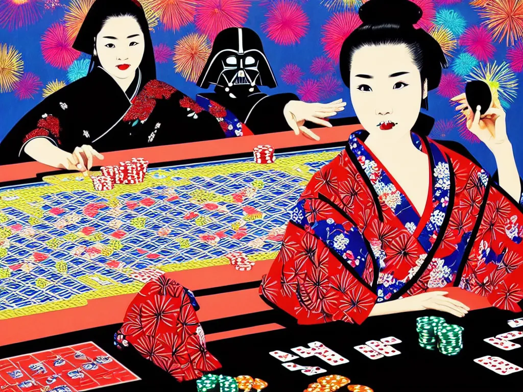 Image similar to hyperrealistic composition of the detailed woman in a japanese kimono sitting at a extremely detailed poker table with detailed darth vader, fireworks, mount fuji on the background, pop - art style, jacky tsai style, andy warhol style, acrylic on canvas