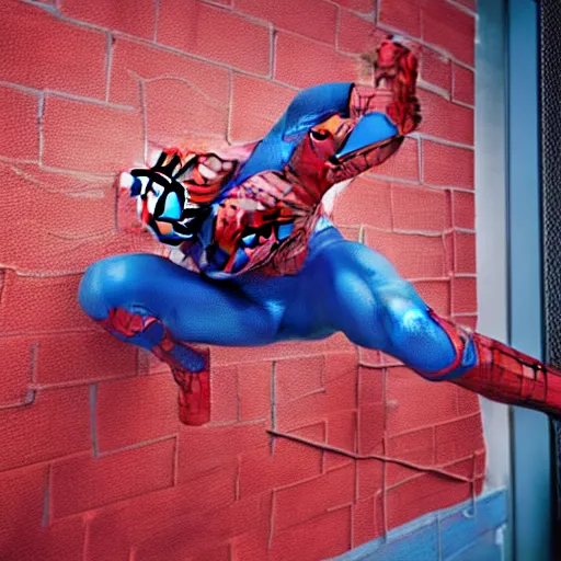 Prompt: hyper realistic photo of spiderman with a blue suite