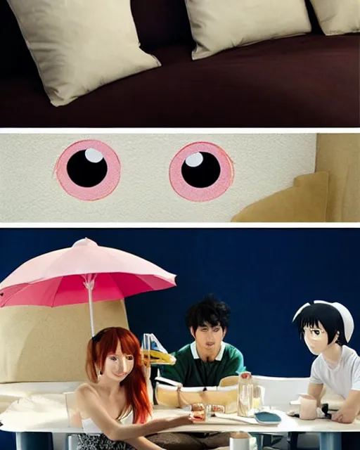 Prompt: an antropomorphic sofa by studio ghibli, googly eyes, cute, anime artstyle